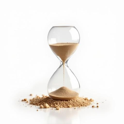 A glass hourglass filled with beige sand on a white background. This conveys the concept of time passing.