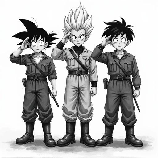 Anime characters Goku Vegeta Trunks Gohan and Android 18 in WWII American soldier attire saluting in black and white illustration