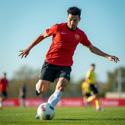 Capture a soccer player in motion wearing a red shirt during the day. The scene should depict the energy of sport, with a focused expression and clear athletic form. Highlight the surroundings and natural lighting to enhance the image quality.