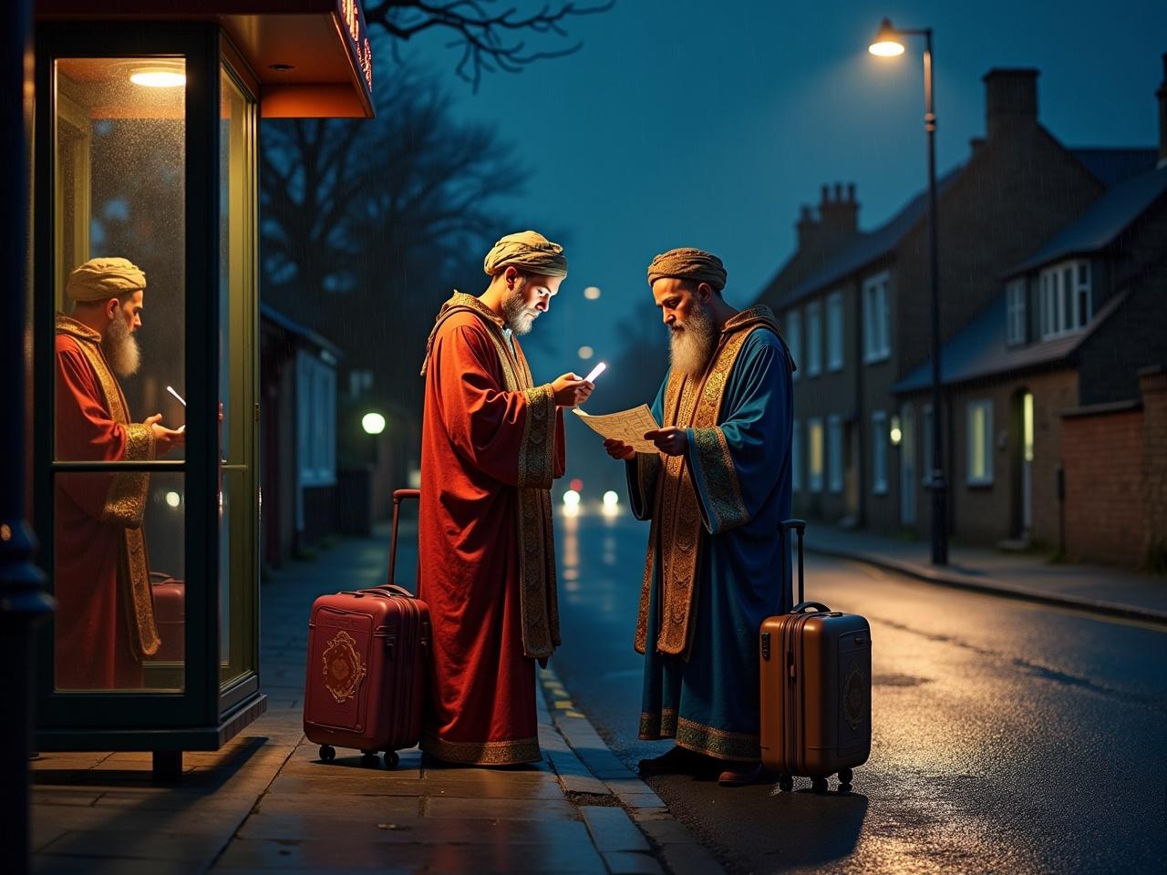 In a quiet, dimly lit street at night, two men dressed in traditional, ornate attire stand conversing by a bus shelter. Each holds a piece of paper, appearing engaged in a significant discussion. Their brightly colored robes contrast with the dark blue evening backdrop. Their luggage rests beside them, suggesting they are travelers. The warm glow of the street lamp creates an inviting atmosphere, while the reflection in the glass adds depth to the scene.