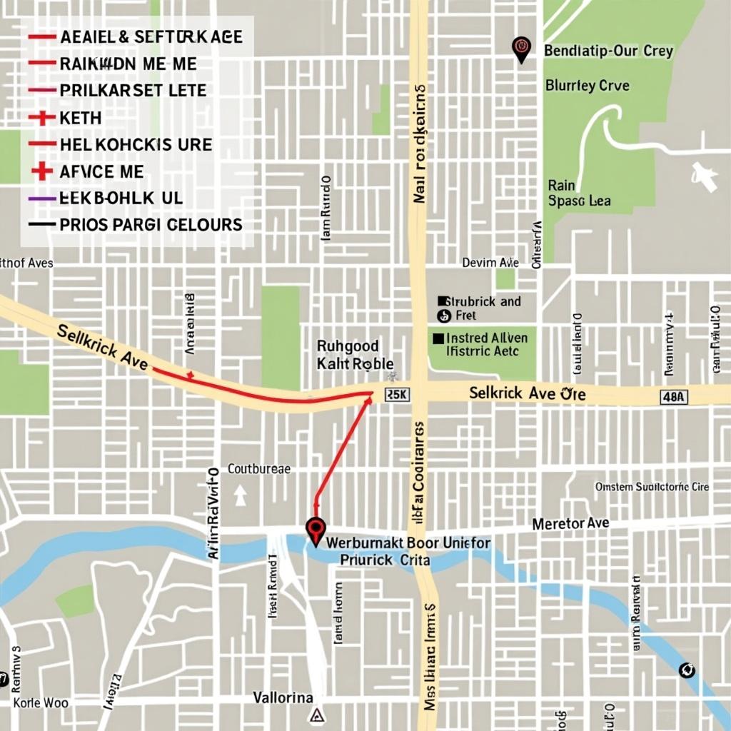 Map showing the area around Selkirk Ave and Pritchard Ave. All intersection directions to Main and Selkirk Ave are included. The map features highlighted streets and a clear layout. Ideal for navigation.