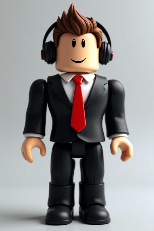 Fictional digital avatar resembling a Roblox character. Avatar dressed in a smart black suit with a red tie. Hair styled in a semi-casual manner. Wearing headphones. Standing in a neutral pose. Plain background.