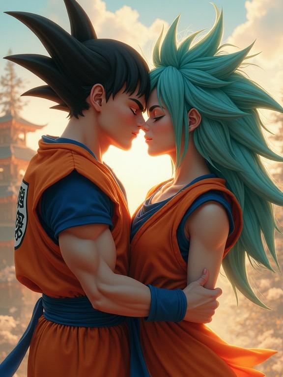 A couple embracing each other, characters inspired by anime styles. The scene shows soft lighting with a focus on their faces. One character has spiky black hair and wears an orange and blue outfit, while the other has long green hair and a matching outfit. The background suggests a serene landscape at golden hour.