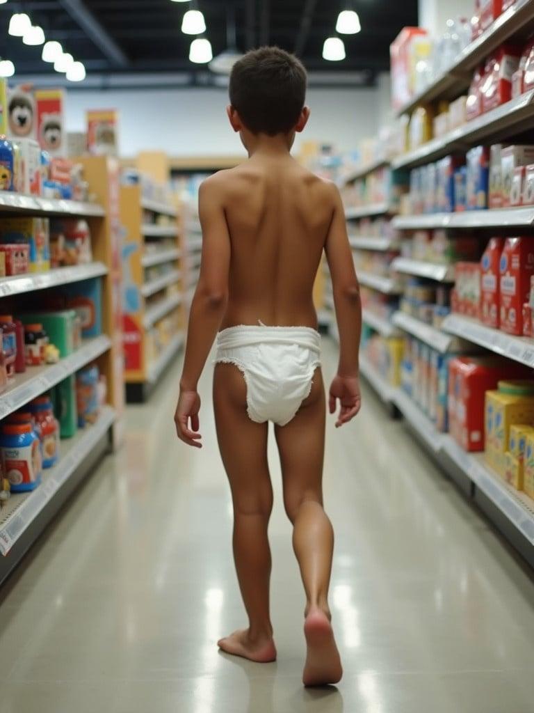 A child walks in a grocery store. The boy has no clothes on except for a diaper. He is walking and the shelves are filled with products.