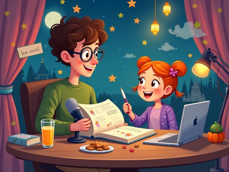 Whimsical cartoon-style podcast studio scene with warm father and lively daughter. They record storytelling podcast at round wooden desk decorated with cartoon stars and moons. Father with curly brown hair, round glasses, green sweater, khaki pants smiles as he flips through storybook holding cartoon quill. Daughter with bright orange twin pigtails, star hair clips wears purple dress, bunny-patterned cardigan, her eyes sparkle as she gestures dramatically. Desk holds two oversized microphones, one moon-shaped and one star-shaped, laptop shows cartoon audio waveform. Glowing lamp with tiny bulbs, rainbow-bubbly juice glass, tray of cookies. Professional webcam faces them with 'live' sign showing audience comments. Background features magical wall with rainbow cloud stickers, castle silhouettes, fairy-tale forest poster, wizard hat and glowing pumpkin lamp in corner. Star-shaped chandeliers cast colorful glows and starry night sky with cartoon full moon shines through curtains.