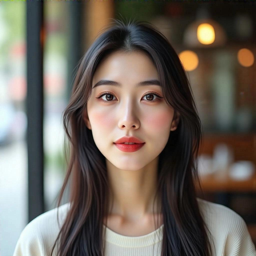 Natural-looking photo of a young woman with long black hair, no makeup, healthy skin, taken casually outdoors at a restaurant during the day. Focus on the woman's gentle expression, everyday beauty, and blurred background.