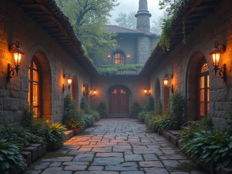 A courtyard of a vintage castle. Stone walls surround the patio. Lanterns cast a warm glow. Lush greenery lines the path. A classic wooden door is the focal point. A secluded and tranquil atmosphere. Mist enhances the mystical vibe.