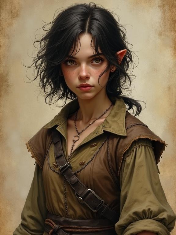 A female halfling with dark hair and sly eyes. Freckles adorn her pale skin. She wears a brown vest over a green shirt. The background resembles worn parchment. The overall art style is reminiscent of Antonio J. Manzanedo, digital and semirealistic.