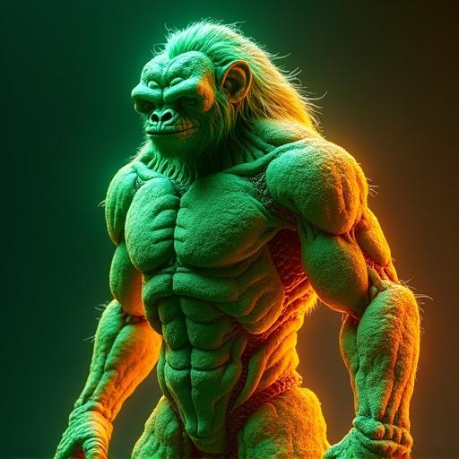 Visual of a robot ape standing in full body. The ape is muscular with a thick glass texture. The primary colors are green and orange with neon light edges.