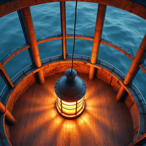 High angle view from above a beacon lamp in a coastal lighthouse at night with golden-orange light spreading in radial beams across the circular room warm reflections on weathered metal rails and wooden floor panels sea and sky glowing through curved glass walls
