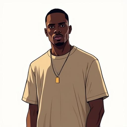 Full body portrait of a black male character in Grand Theft Auto style. Character is wearing a solid color t-shirt. Bright light is shining all around. No background or accessories.