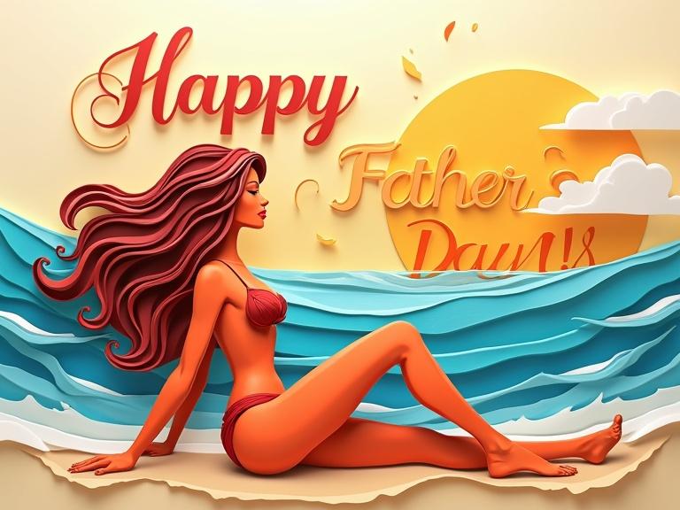 Stylized text saying Happy Father's Day. Layered paper cut digital art of a woman sunbathing on the beach. Wavy hair. Detailed silhouette. High contrast colors. Decorative beach elements.
