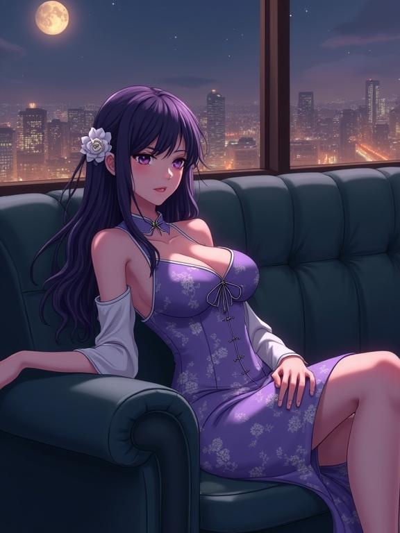 A beautiful woman reclines on a dark grey sofa. She has long flowing purple hair and wears a violet cheongsam dress. A white rose adorns her hair. The scene is illuminated by a full moon through the window. The setting is in a retro coffee shop in Osaka. Warm soft lighting adds to the atmosphere. The image is in a semi-realistic anime style.