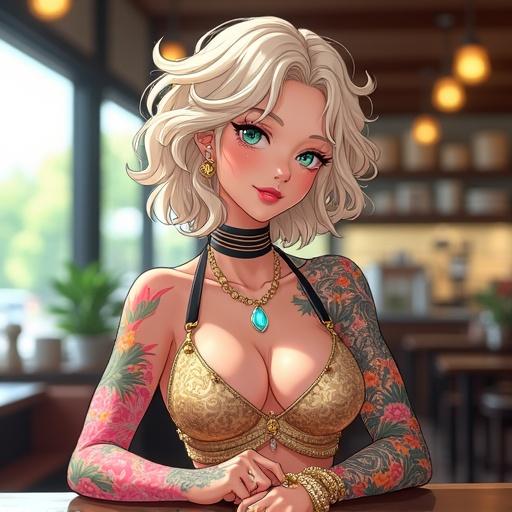 Anime character in a luxurious cafe. Woman with green eyes. Elegant appearance. Short curly blonde hair. Bold fashion. Beautiful tattoos. Accessorized with jewelry. Modern and traditional influences. Futuristic elements present. Inviting environment.