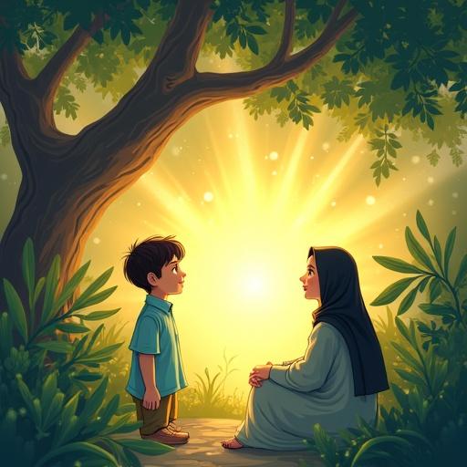 Illustration of a boy in a glowing garden facing a radiant tree while his mother looks at him affectionately in a home garden. Both characters have smooth, featureless faces. Ethereal voice suggested in the background. Soft transitions between imaginary and real scenes. Space above characters for text.