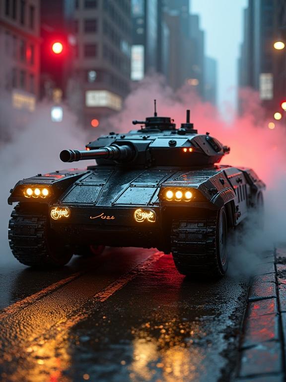 Futuristic tank with leather treads rolls through dystopian city. Angled armor reflects neon lights. Golden 'Kiek' lettering glows on wheels. Matte black chassis with chrome vents. Dynamics capture LED trails and sparks. Smoke billowing, illuminated by red sirens.