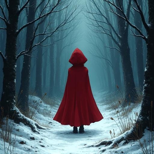 A girl stands in a dark snowy woods. She wears a red hooded cloak. The trees are bare and tall. Snow covers the ground. The girl looks back down the path. A mystical atmosphere surrounds her.
