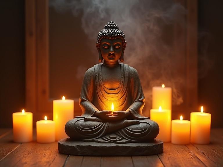 A luminous candlelit meditation centre features incense sticks smoking and a beautiful stone Buddha in the centre. Rays of light emanate from his chest. The setting has a wooden floor and is a still image without zoom.