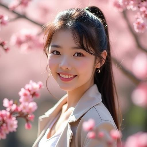 Young woman with long dark hair in a ponytail smiles gently. Light-colored coat worn over white top. Background filled with soft-focus cherry blossoms. Dreamy romantic atmosphere. Cherry blossom petals and branches blurred in foreground. Warm natural lighting suggests sunny spring day. Soft pastel tone with bokeh effect.