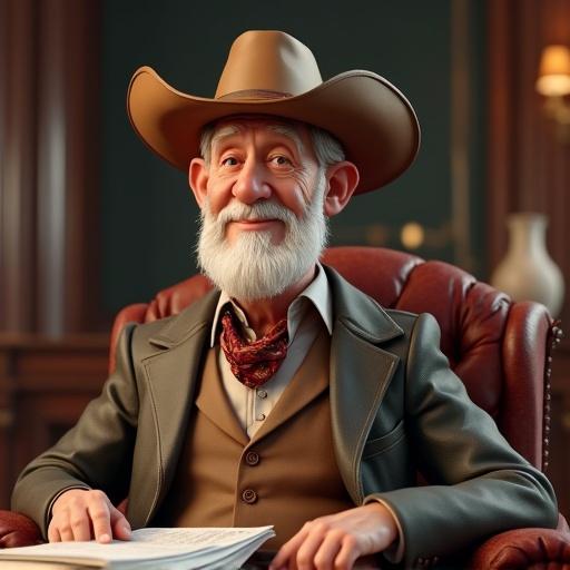 3D caricature depicting an older oil man. He wears fancy western clothing with a cowboy hat and bolo tie. The setting is an upscale office with leather furniture and dark wood accents. The character gazes directly at the viewer.