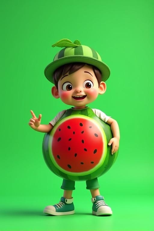 A cheerful little boy wears a playful watermelon costume. The costume is round and colorful. It has a green striped outer shell and a red front panel. The boy wears a green leafy hat. His cartoon face is joyful with big eyes and a smile. He poses confidently. Full-body shot with smooth textures. Soft lighting. Stylized character on a clean green background.