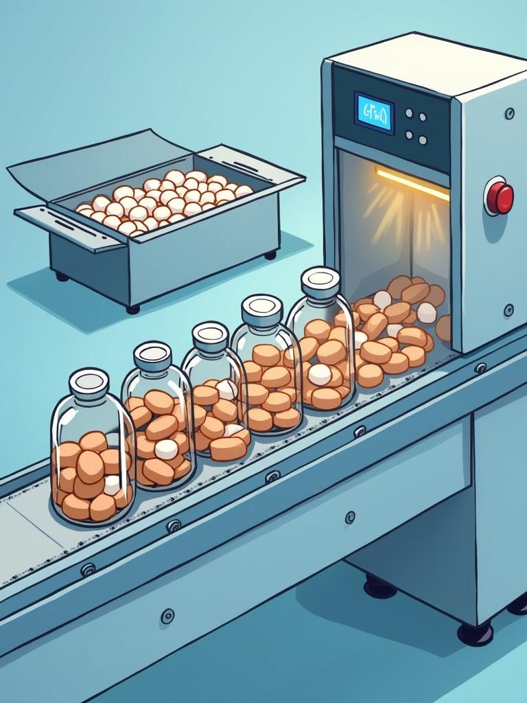 Cartoon illustrating a conveyor belt with glass bottles filled with pills. A box in the background contains more pills. A Terahertz photocell inspection system is visible. The conveying system is emphasized.