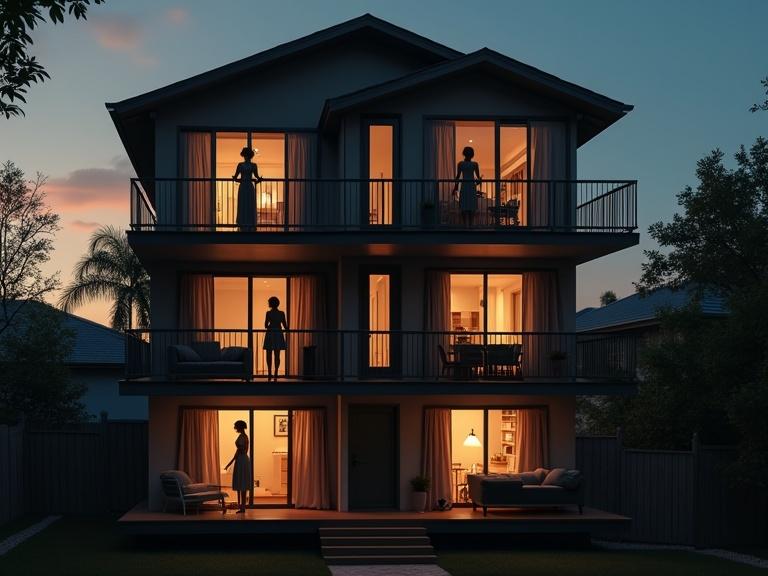 Cross-section view of a four-story townhouse. Twilight setting with women in private moments. Stray cat moving between rooms. Warm color palette with moody highlights. Intimate and atmospheric setting.