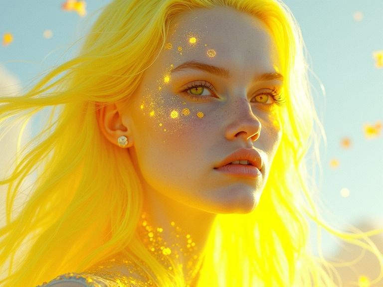 A bright surrealism art piece featuring a close portrait of a serene cybernetic young woman. She has glowing yellow eyes and long yellow hair. The background is a bright white space filled with black points as stars and a black and yellow sun. Her platinum skin has patches of yellow stained glass like blades. Golden crystals accentuate the image with bold colors and gradients. Neon yellow hexagons and gold geometric shapes rise from the ground.