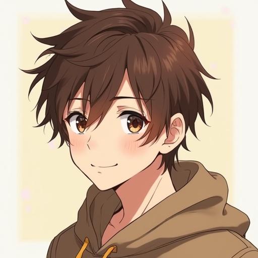 Portrait of a young man in anime style. He has brown hair and a friendly expression. Designed for a yaoi theme. The background is soft and light.