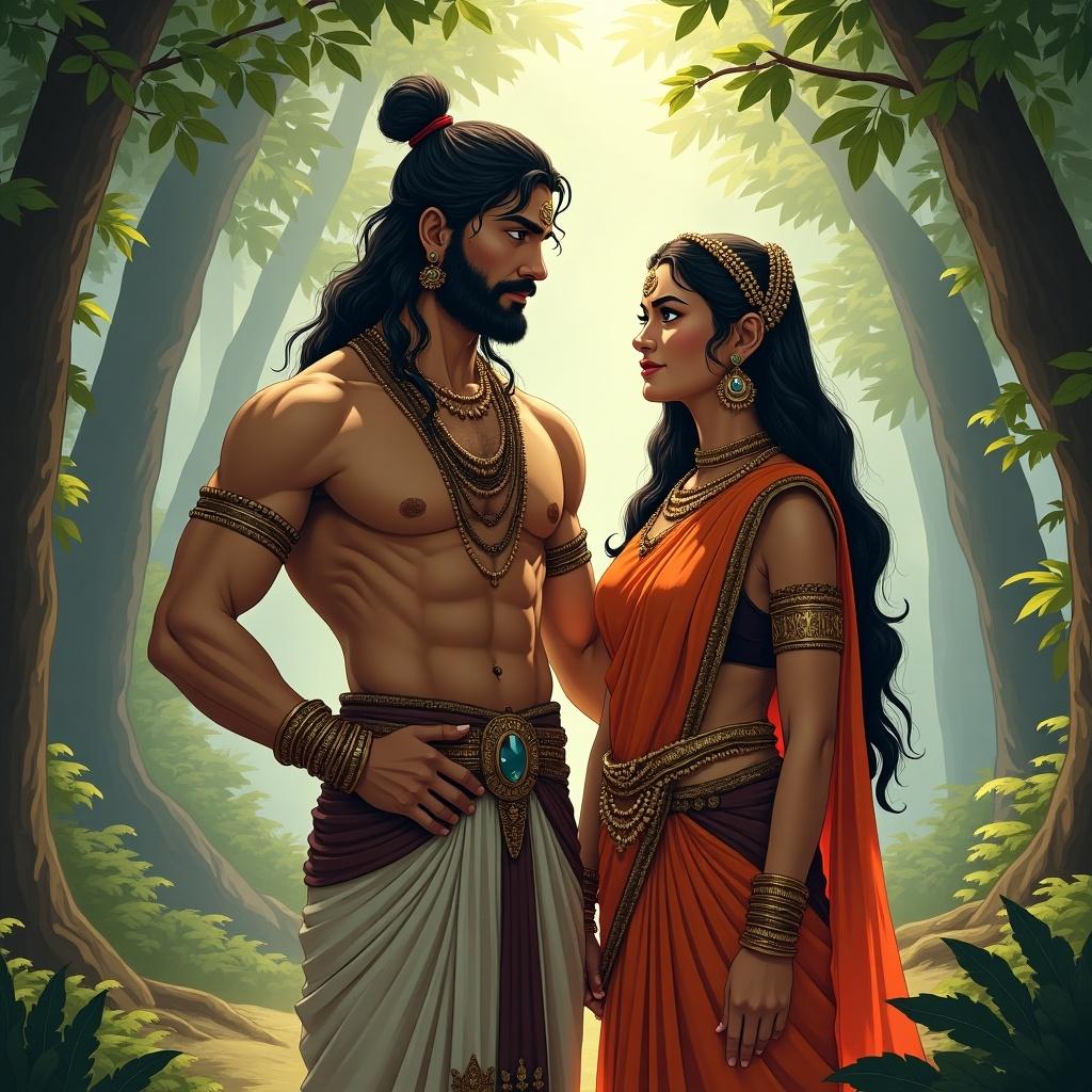 Raja Vikramaditya stands with Baitaal in a forest. They are dressed in traditional attire, with ornamental jewelry. The setting features lush greenery and dappled sunlight framing them.