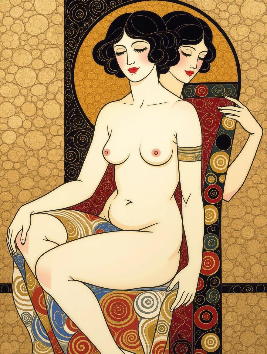 Nude illustration of a beautiful woman with complementary colors. The image features two female figures with decorative patterns. Inspired by Klimt's art style. Includes elements of 3D design.