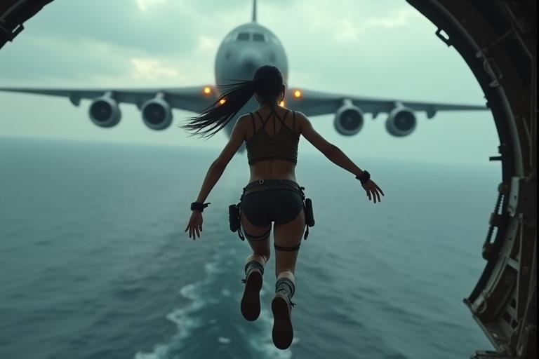 Wide shot of a person mid-air jumping from the rear gate of a military cargo plane. Dark ocean beneath, aircraft engines visible, stormy sky creating a dramatic backdrop.