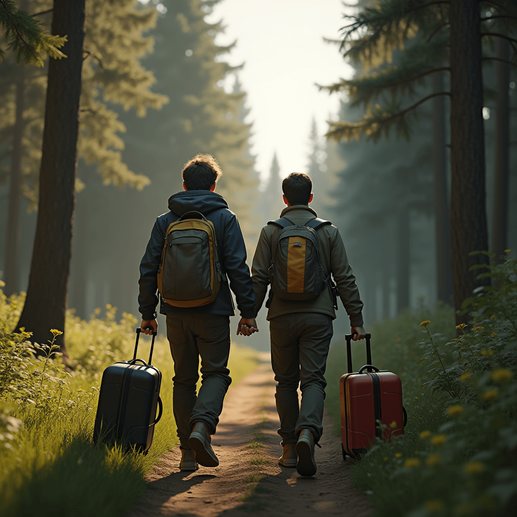 Two people walking hand in hand through a forest path, each pulling a suitcase and carrying a backpack, surrounded by tall trees and soft sunlight.