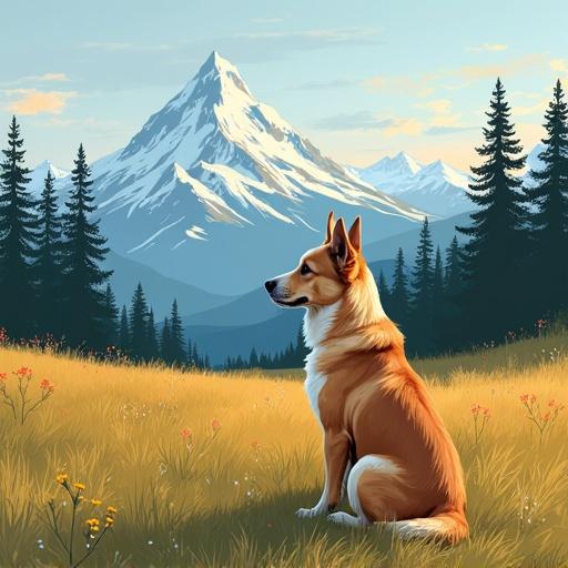 Dog sitting in a field with mountains in the background. Colorful illustration with a Nordic theme. Scenic view with trees and wildflowers.