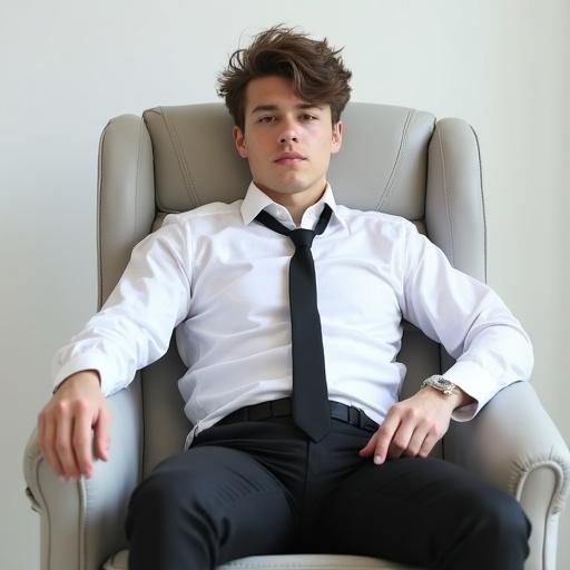 Image of a young man seated in a large office chair in a white office room. He has messy brown hair and a young unchiselled face. He slouches with one arm on the armrest and the other at his side. Wearing an untucked white shirt and unzipped black trousers, the black tie hangs loosely. The image conveys tiredness and lack of professionalism.