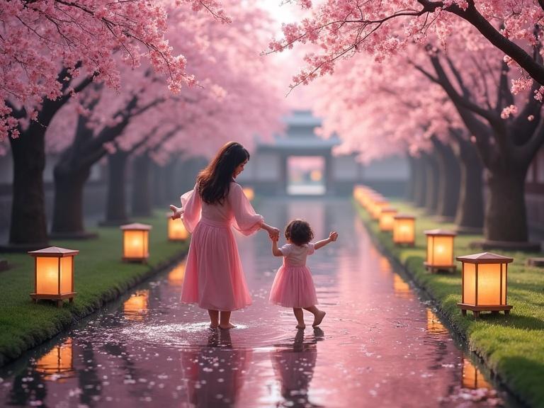 Cherry blossom scene with mother and child. Dancing together amidst sakura petals at a Japanese temple. Illuminated by paper lanterns. Pond reflecting the beautiful scenery.