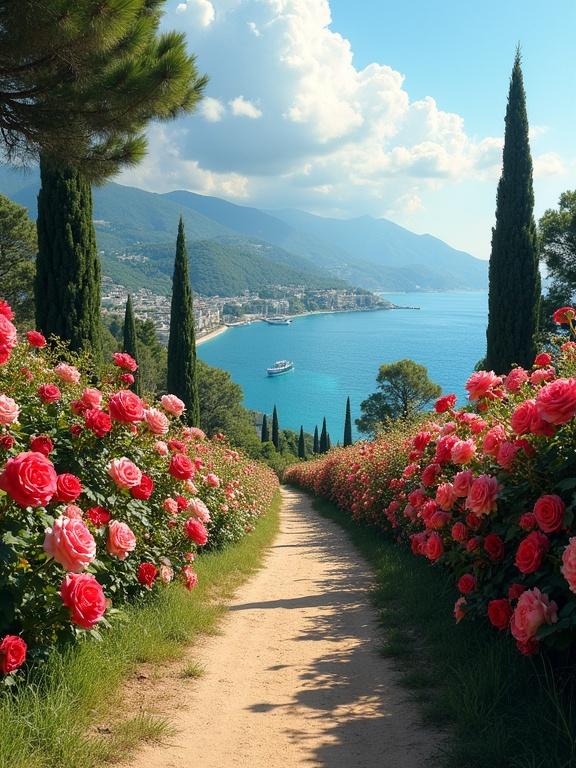 A picturesque garden path lined with vibrant roses leads to a coastal landscape. The path is dirt with earthy shades. Tall cypress trees arch above the scene, providing shade. In the distance, the brilliant blue sea meets a softly curving coastline with a small town visible. Mountains rise behind the town, featuring various shapes and green hues. The sky is bright with fluffy clouds, creating a serene and dreamy atmosphere.