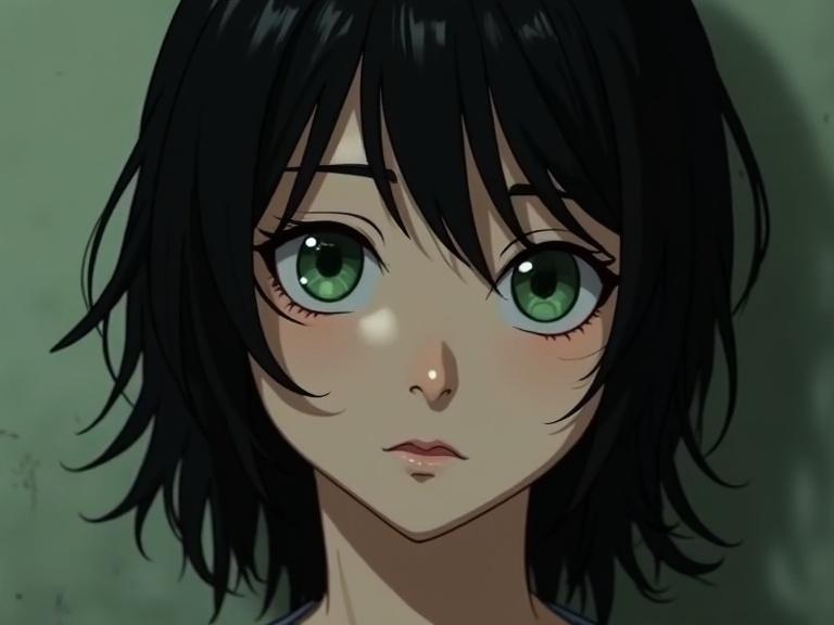 Portrait of a teen girl with black hair and green eyes. She has pale skin and an emotional expression. The background is simple and muted.