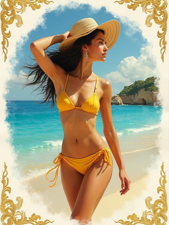 A beautiful woman wearing a cheerful yellow bikini poses on the beach. The scene is bright with a fantastical beach landscape. The image has an ornate golden border with floral designs. The woman has long hair and a relaxed demeanor. The background shows a clear blue sky and ocean waves.