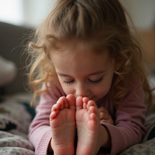 A girl is playfully smelling her foot. Soft light illuminates her face. She has curly hair. The background is soft and blurred.