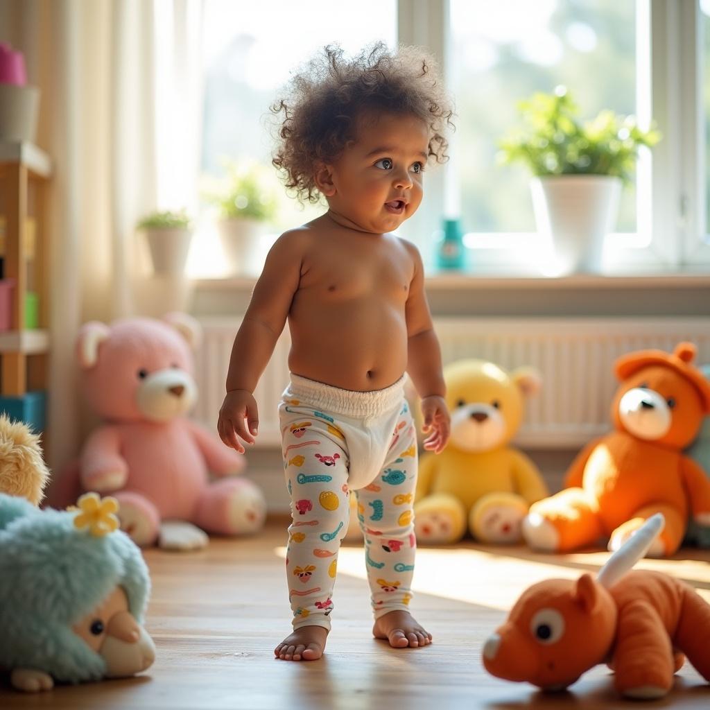 A cute toddler girl is standing in a bright room filled with colorful toys. She is wearing leggings with a diaper underneath, featuring fun patterns. Her soft, curly hair frames her joyful face as she interacts with her toys. The room is warm and inviting, enhanced by natural light streaming through the window. Plush toys are scattered around her, creating a playful atmosphere that captures the essence of childhood joy.