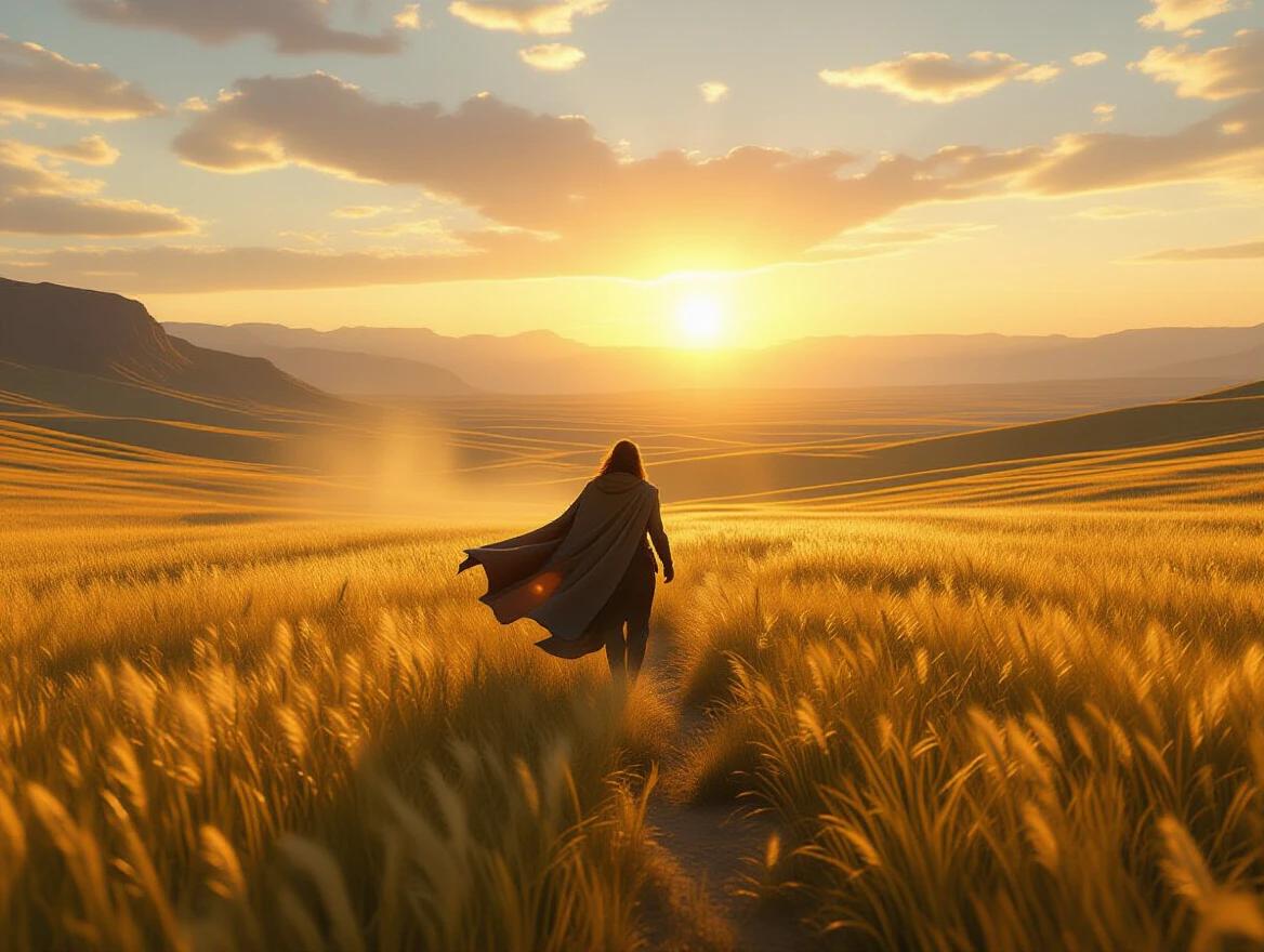 A lone traveler crosses a sunlit valley. Dynamic wind-blown grass in the foreground. A flowing cape trails behind. Dramatic lighting from a low sun. Dust particles caught in golden rays. Painterly yet sharp outlines. Ultra-detailed background with layered depth. Motion blur on foliage and cape. Dreamlike clarity and vivid color grading.