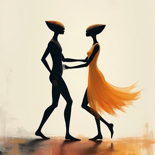 An alien couple dancing gracefully. Elegant minimalist style with abstract forms. Contemporary digital painting showcasing emotive storytelling. Inspired by surrealism and minimalist art.