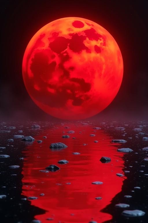 Red moon setting above glass floor. Glass floor reflects red moon. Small rocky pieces on glass surface. Night scene with eerie glow.