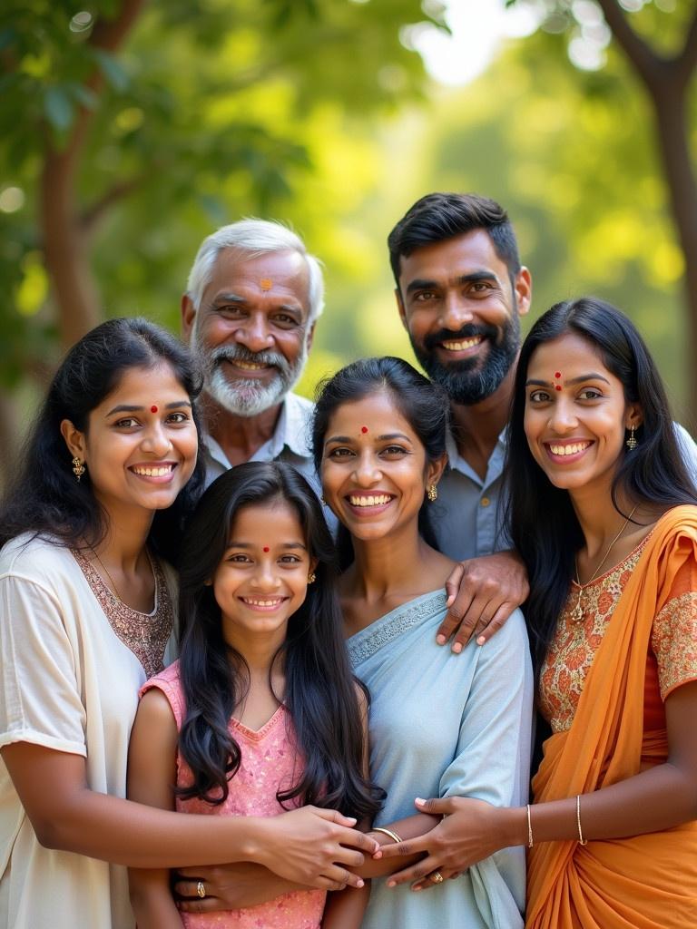 A joyful family portrait taken outdoors. A South Indian family from Kerala poses together. Eight individuals display warm smiles. The background features lush green trees. Warm sunlight adds a golden hue to the scene. The image conveys happiness and family connectivity.