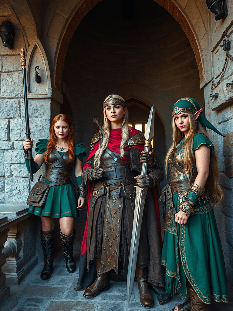 Three people in fantasy costumes stand confidently under a castle archway.