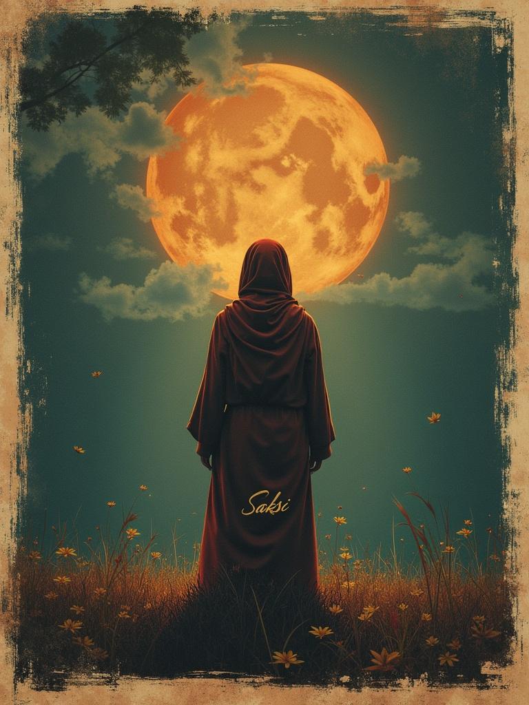 Natural-looking photograph depicting a robed figure looking at a large orange moon. Incorporates the album title 'Saksi' and the band name 'Fringe Eclectic'.