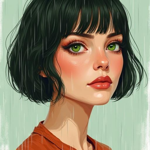 Illustration of a woman with short, messy hair drenched in rain. She has green eyes and natural lips with freckles on her pale skin. Her expression is calm amidst the rain.