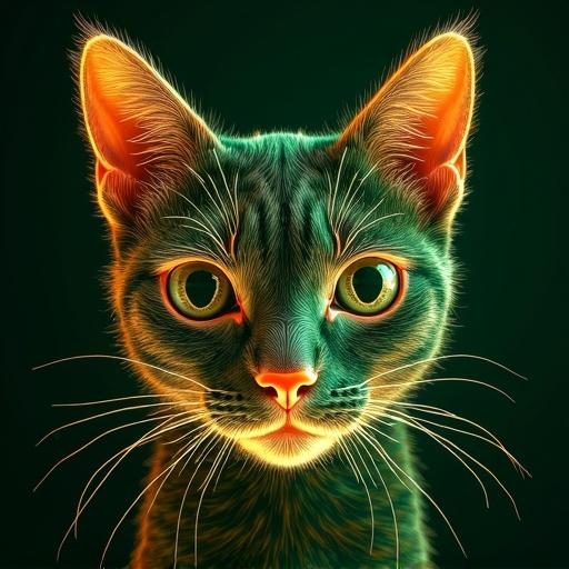 Wireframe style of cat face with green and orange colors. Studio shot with realistic rendering.