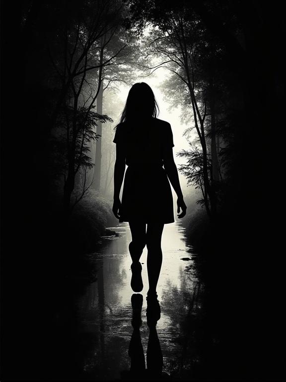 Figure walking through a misty forest. Silhouette reflected in water. Ethereal atmosphere. Black background with gray tones. Intricate details.